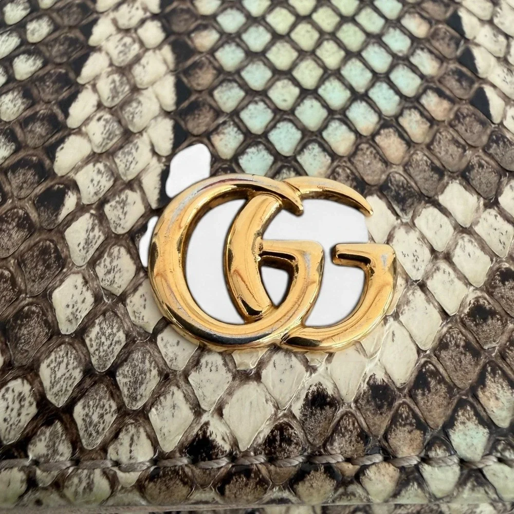 Gucci GG Marmont Python Wallet Beige Snakeskin Compact Flap Gold Logo